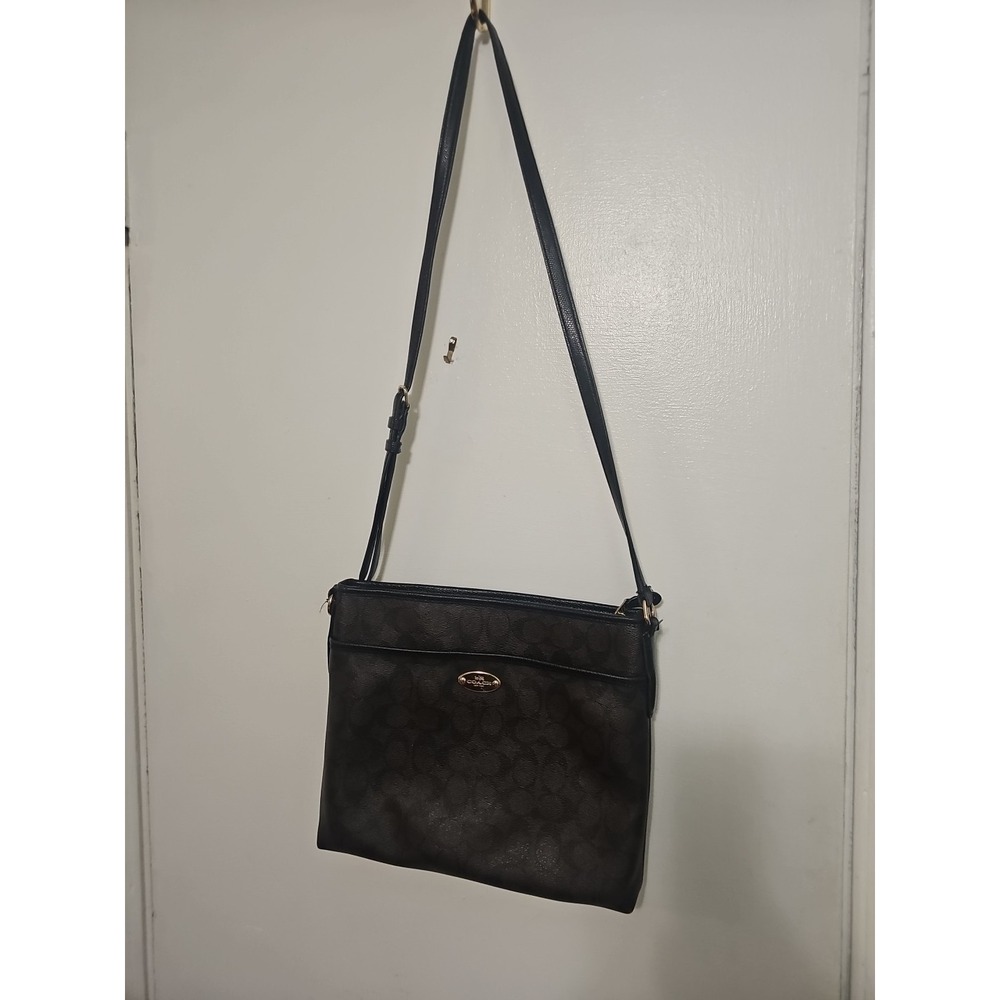 Coach Leather Shoulder Bag Dark Brown Signature Pattern Women